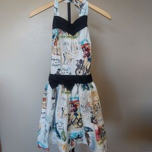 Sugar Baby White Paris Print Apron with Black Trim  Neck & Waist Tie Stylish Bow